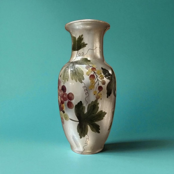 Andrea by Sadek 1970s Handpainted Ceramic Silver Vase Grapes and Leaves (b) - Picture 3 of 11